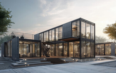 Obraz premium Modern Steel Modular House With Glass Walls And Balcony Terrace Set On Industrial Site At Dusk