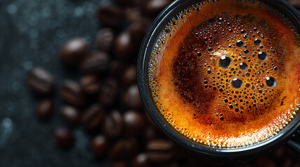 Rich dark espresso beverage with frothy crema and scattered roasted coffee beans drink