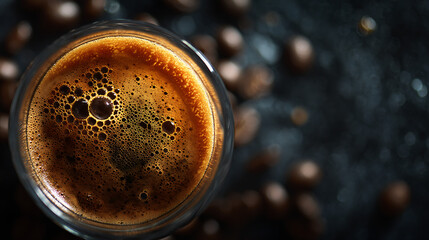 Rich dark espresso with frothy crema in a glass cup surrounded by coffee beans beverage drink