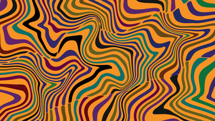 Colorful abstract wave vector design in retro style with flowing red and yellow lines, psychedelic 1960s 1970s inspired horizontal and vertical layout for trendy backgrounds