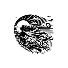 Woman with flowing hair against a stylized sun and sea.