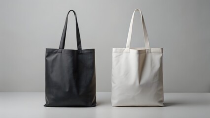 Two simple tote bags in black and white on a neutral background