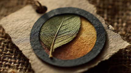 Rustic circular tag with textured paper and dried leaf green brown