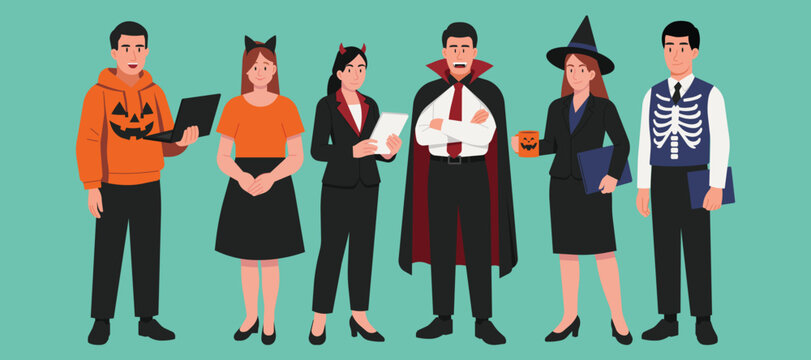 Group of office worker character dressed in Halloween themed costume like pumpkin hoodie, cat ears, devil horns, vampire suit, witch outfit, and skeleton vest, vector flat illustration