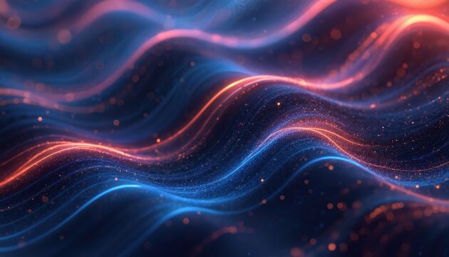Abstract background illustration with fluid curves, motion streaks. Features subtle particle effects, vibrant gradient in blue, orange colors. Seamless, dynamic pattern suggests energy, futuristic