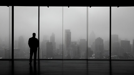 Silhouette of man observing foggy cityscape through large windows image