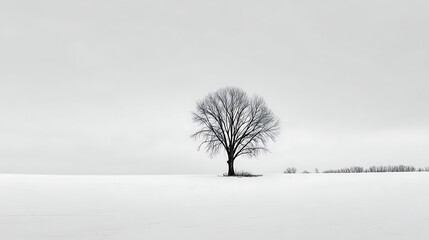 Solitary bare tree in a vast white winter landscape snow nature