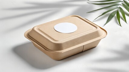 Eco friendly food container with blank sticker and palm leaf shadow