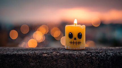 Spooky yellow candle with skull face and bokeh lights Halloween