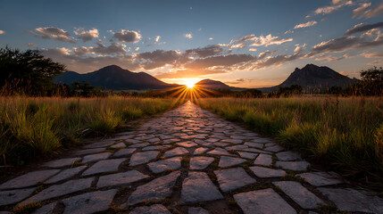 Stone path leading towards a vibrant sunset over mountains and grassy plains image