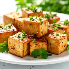 Crispy tofu cubes on a plate (1)