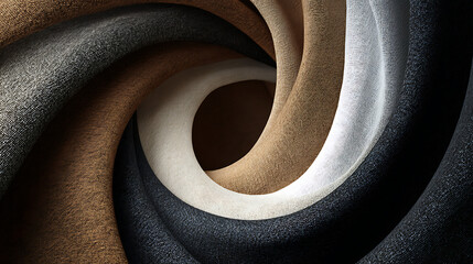 Swirling textured fabric layers in earthy tones and monochrome shades coil textile
