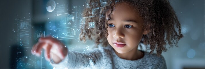 Child Engages With Glowing AI-driven Education Tools in a Clean, Modern Learning Environment