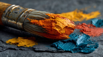Textured brush loaded with vibrant orange and yellow paint surrounded by splatters of blue and coral