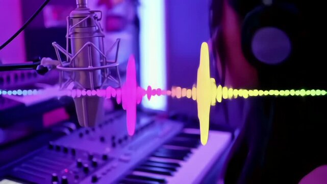 A person plays an electronic keyboard in a neon-lit studio as colorful sound waves move across the screen, visualizing music in a vibrant, modern atmosphere