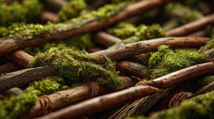 Obraz premium Close-up of a hand-woven willow frame used in a Corso Zundert float, showing the initial layer of green moss and stapled flower stems.