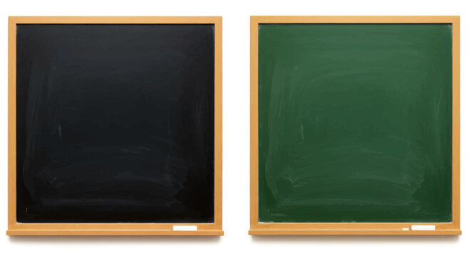 Two Empty Chalkboards One Black One Green With Wooden Frames Showing The Dust And Texture From Previous Use Against A White Background Creating A Clean Canvas