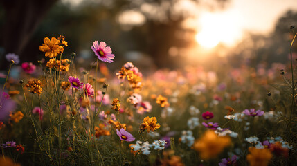 Vibrant cosmos flowers bathed in golden sunset light field nature