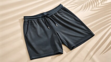 Elegant dark gray shorts with drawstring on a beige background with shadows