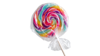 Wrapped lollipop with swirl pattern and transparent plastic wrapper, festive and fun, transparent background 