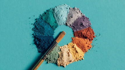 Vibrant pigment powders arranged in a circular palette with a brush makeup eyeshadow