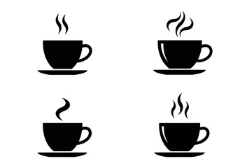 Obraz premium Four Silhouette Images of Hot Beverage Cups with Steam Rising Indicating Freshly Brewed Hot Drinks Perfect for Cafes Restaurants Coffee Shops and Morning Routines