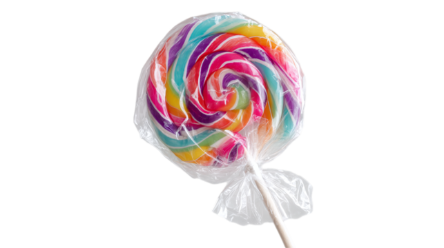 Wrapped lollipop with swirl pattern and transparent plastic wrapper, festive and fun, transparent background 