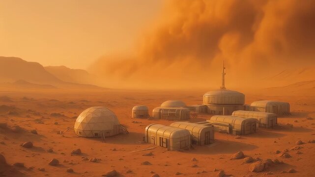 Futuristic settlement modules positioned on rocky desert landscape with approaching dust storm. Modular habitat structures designed for extreme environment survival on Mars