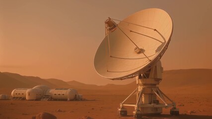 Astronaut standing near large satellite dish in Martian landscape with habitat modules, solar panels, rocky terrain under orange sky.