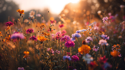 Vibrant wildflowers bathed in golden sunlight meadow colorful