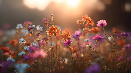 Vibrant wildflowers bloom in golden hour light meadow soft focus