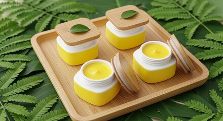 Eco-Friendly Skincare Jars of Yellow Cream with Wooden Lids and Green Leaves on Fern-Lined Tray — Organic Cosmetic Illustration for Natural Beauty Products, Spa Promotions, and Botanical Branding Them