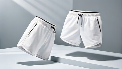 Two Stylish White Athletic Shorts Floating on a Modern Gray Background
