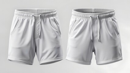 Two pairs of white athletic shorts with drawstring on a white background