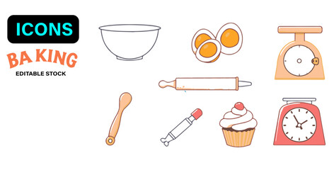 "Flat Cartoon Baking Tools & Ingredients Set – Pastel Clipart"