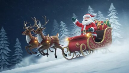 Santas Magical Christmas Eve Flight: 3D Animated Reindeer Sleigh Ride Through Snowy Forest. - Powered by Adobe