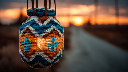 Woven lantern with geometric patterns illuminated by warm light against a sunset handmade orange