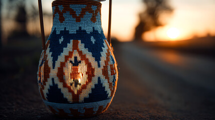 Woven lantern with intricate geometric patterns illuminated by golden sunset handmade blue