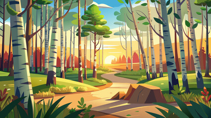 very Beautiful birch forest panorama in summer. Sun in the park