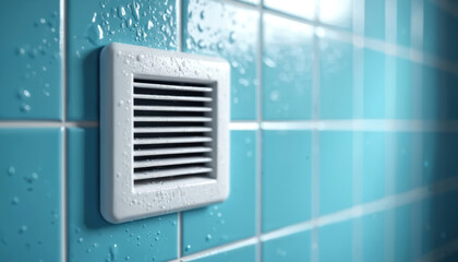 Bathroom ventilation fan mounted on blue tiled wall with water droplets. Modern appliance ensures air circulation, moisture control for hygiene. Sleek design offers functional home improvement,