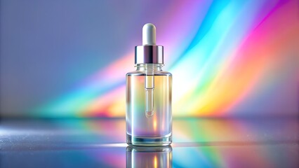 Serum bottle with dropper on iridescent background for skincare or beauty products