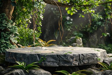Podium background product forest green display platform wood stone 3d garden rock. Product podium jungle background stage leaf cosmetic nature scene stand presentation mockup tree pedestal plant eco