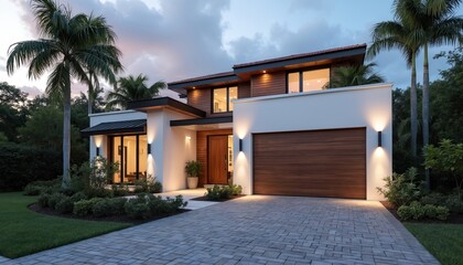 Modern Miami home exterior showcases white and brown facade with wooden garage door. Rich palm trees and meticulous landscaping surround residence, complementing brick driveway under twilight sky.