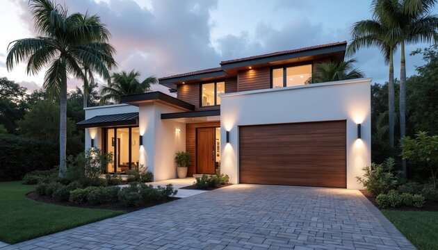 Fototapeta Modern Miami home exterior showcases white and brown facade with wooden garage door. Rich palm trees and meticulous landscaping surround residence, complementing brick driveway under twilight sky.