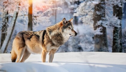 Fototapeta premium a majestic gray wolf stands gracefully in a pristine blanket of snow its thick fur glistening under the soft winter sunlight surrounded by frosty trees