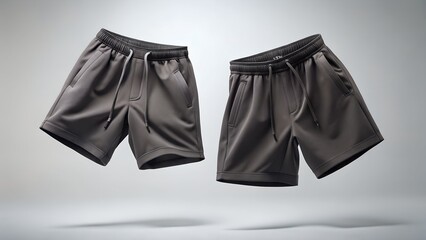 Two pairs of gray athletic shorts floating on a light gray background