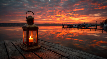 Candlelit Lantern on Dock at Sunset Reflecting in Lake Water