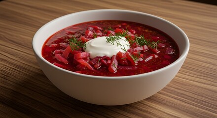 Barszcz czerwony beet soup sour cream dill on a restaurant table