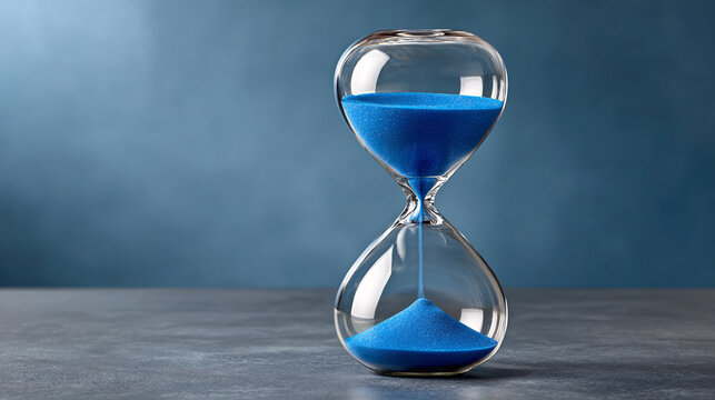 Hourglass with blue sand on a blue background illustrating time passing