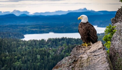 a bald eagle perched on a cliffside overlooking a vast wilderness with forests lakes and mountains stretching out below